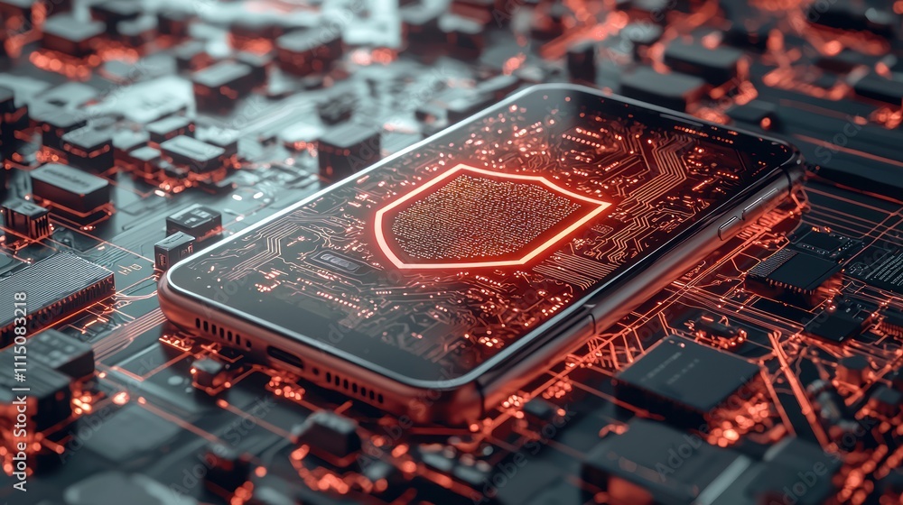 Aufkleber a futuristic smartphone embedded in a digital circuit board, glowing with red circuitry, symbolizing