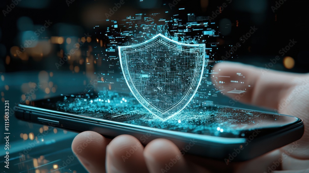 Poster a hand holds a smartphone displaying a glowing digital shield, symbolizing cybersecurity and data pr