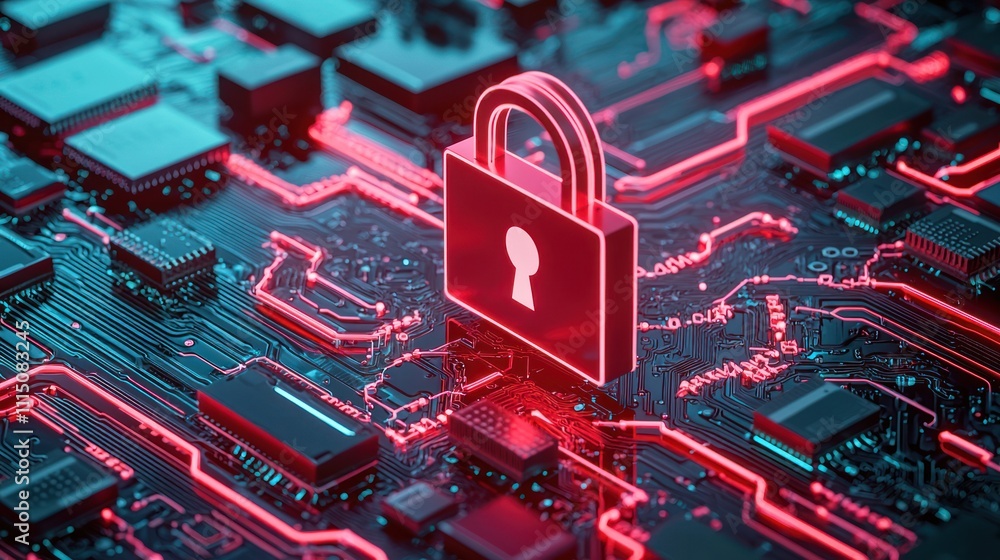 Poster a digital lock icon is prominently displayed on a circuit board background, symbolizing cybersecurit