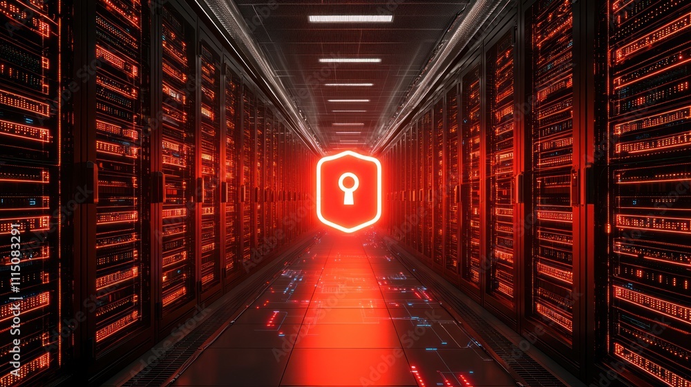 Poster a futuristic data center corridor illuminated in red, featuring a prominent key symbol, representing