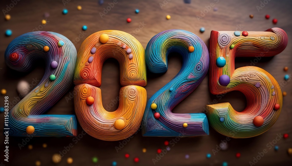 Poster a colorful representation of the year 2025, designed with intricate patterns and vibrant details, su