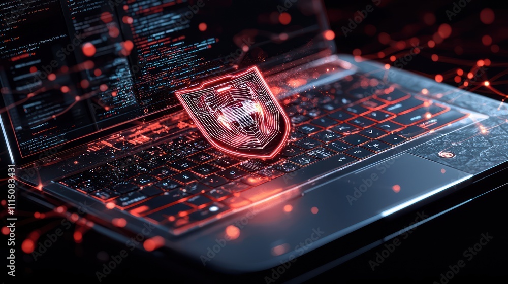 Poster a futuristic laptop displays a glowing shield symbolizing cybersecurity, surrounded by digital data 