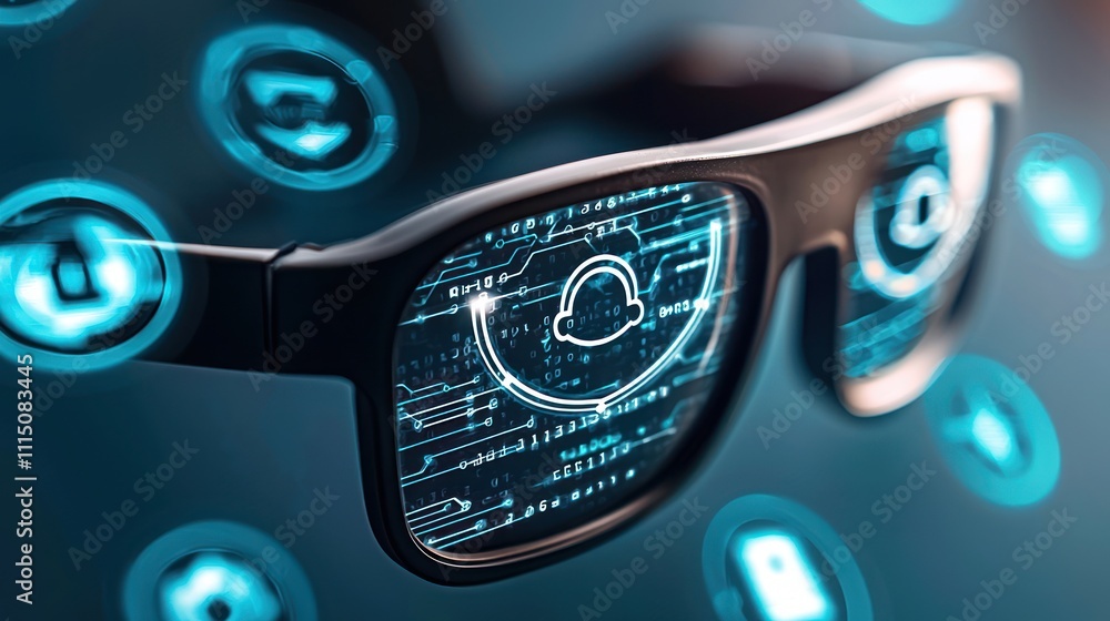 Poster futuristic glasses with digital displays showcasing data and icons, emphasizing technology and conne