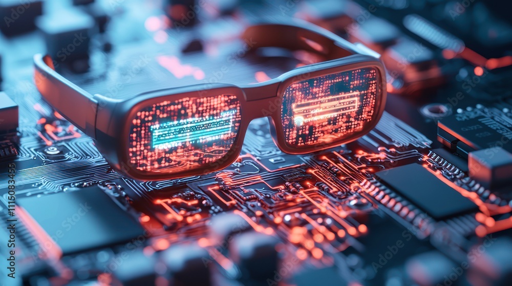 Poster a futuristic pair of glasses sits on a circuit board, featuring illuminated digital displays, symbol