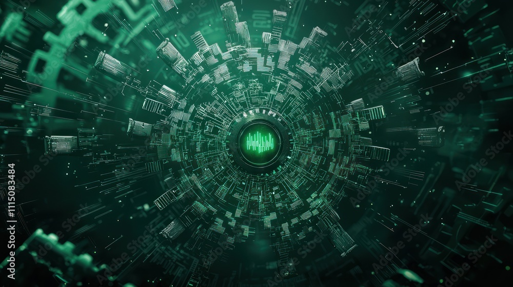Poster a mesmerizing green digital vortex, resembling a futuristic data tunnel, filled with intricate patte