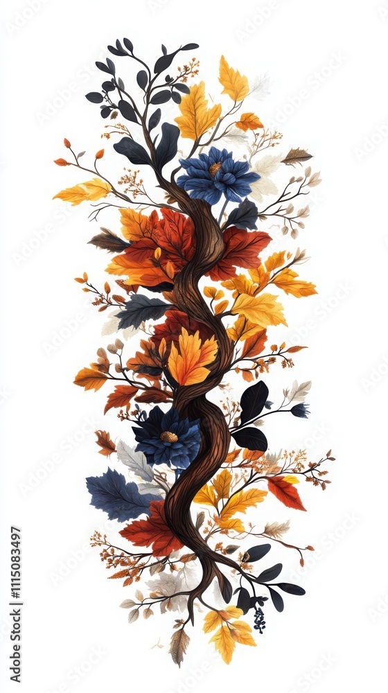 Poster bouncy leaf elements and rounded flower buds create a sweet garden spread in a vibrant botanical env