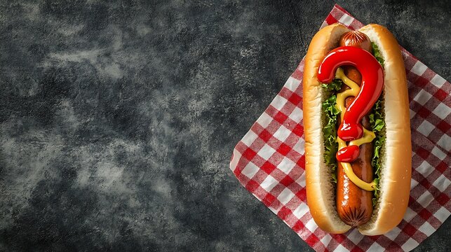 Hot dog with ketchup question mark.