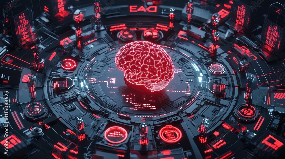 Poster a futuristic digital interface featuring a glowing brain surrounded by red elements, symbolizing adv