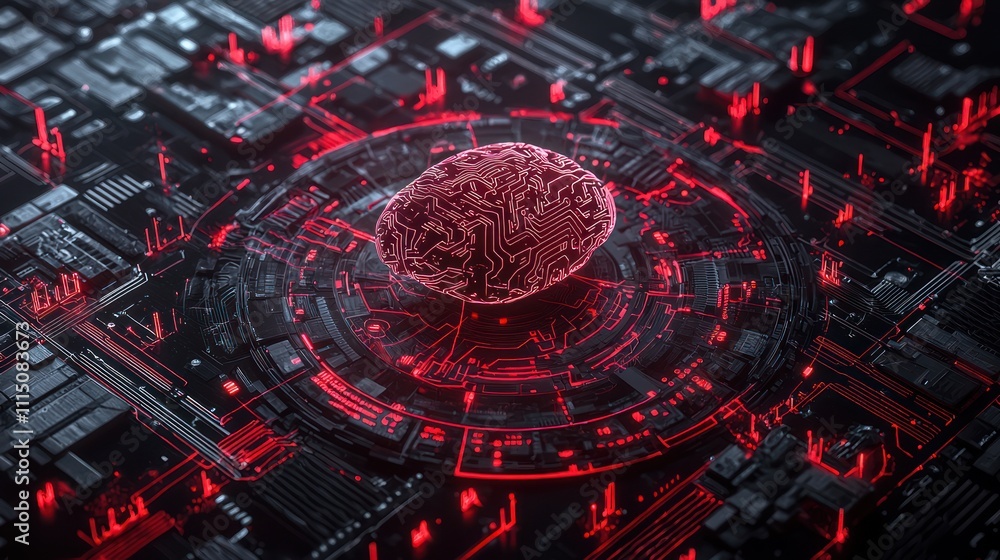 Poster a futuristic digital landscape featuring a glowing red brain at its center, surrounded by circuit-li