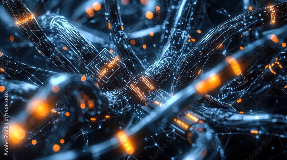 Poster a futuristic network of glowing wires intertwines in a dark space, showcasing vibrant lights and int