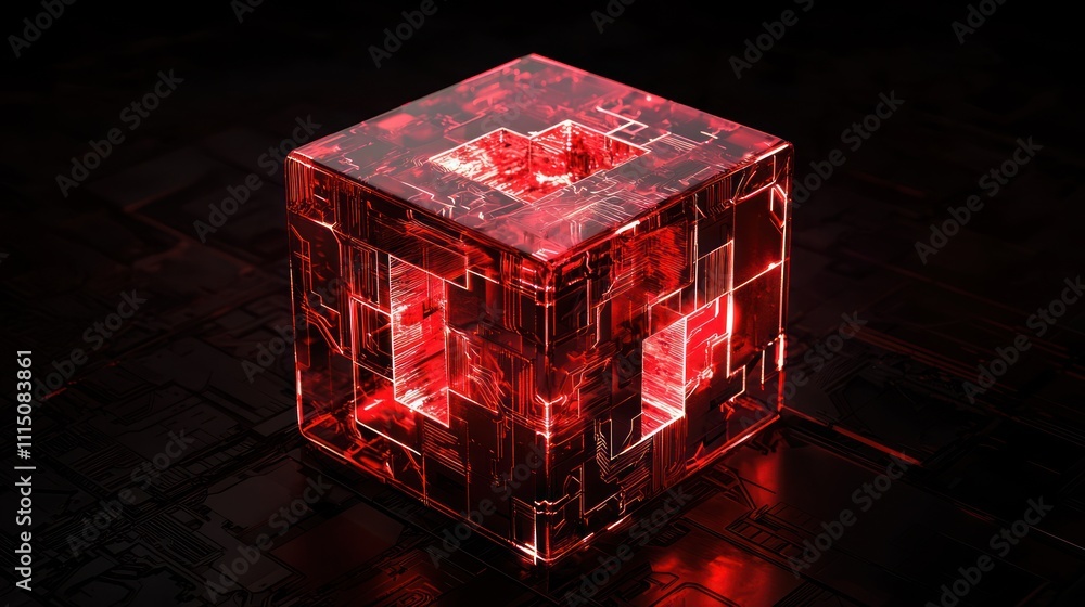 Aufkleber a glowing, futuristic cube with intricate patterns, illuminated in red, set against a dark backgroun
