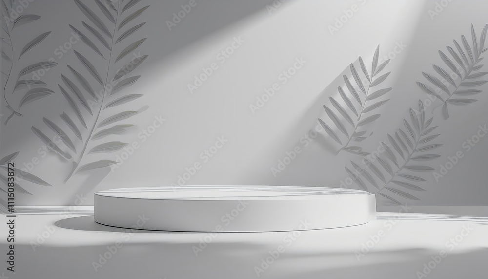 Poster a minimalist display featuring a circular platform illuminated by soft light, with delicate fern sha