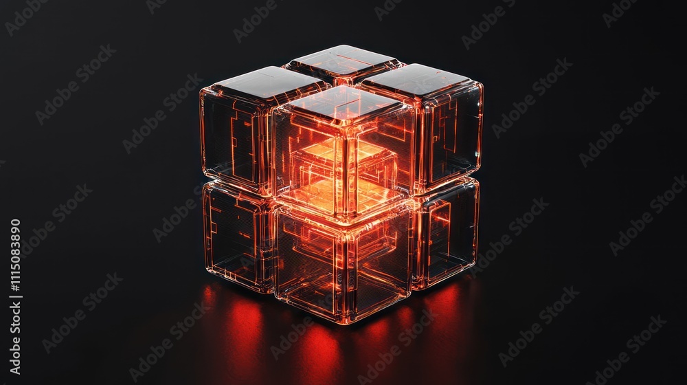 Poster a glowing, transparent cube with an orange light at its center, set against a dark background, creat