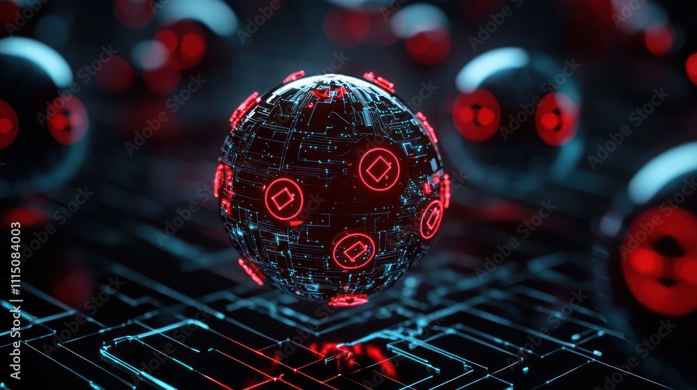 Poster a futuristic sphere surrounded by glowing orbs, featuring intricate patterns and a dark, digital bac
