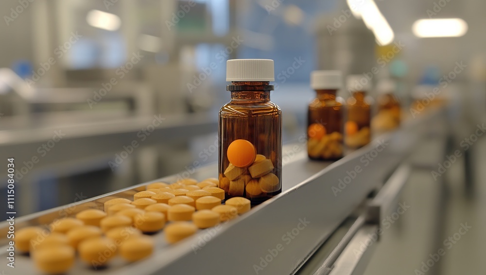 Poster automated pill bottling: tablets conveyed on a conveyor belt into amber bottles efficiently in a mod