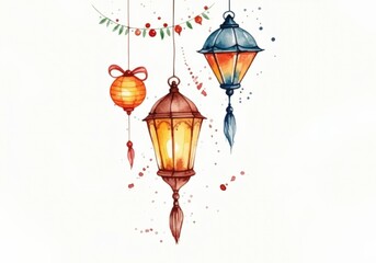 Obraz premium Watercolor Hanging Lanterns and Ornaments