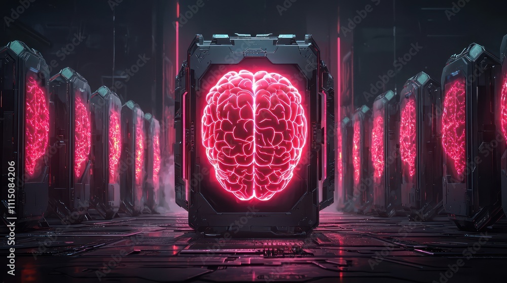 Poster a futuristic scene featuring a glowing pink brain encased in a cube, surrounded by similar structure