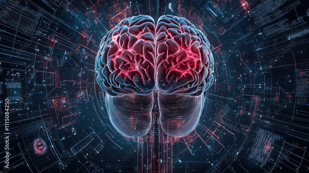 Poster a vibrant digital depiction of a brain, showcasing neural connections and data streams, symbolizing 