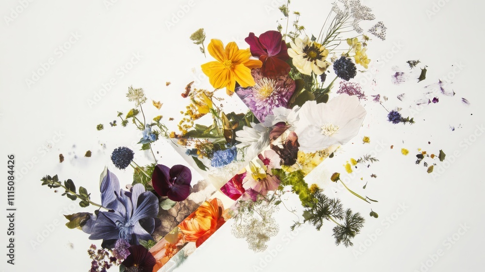 Poster creating angular tensions in botanical sketches a scientific exploration of pressed flowers and micr