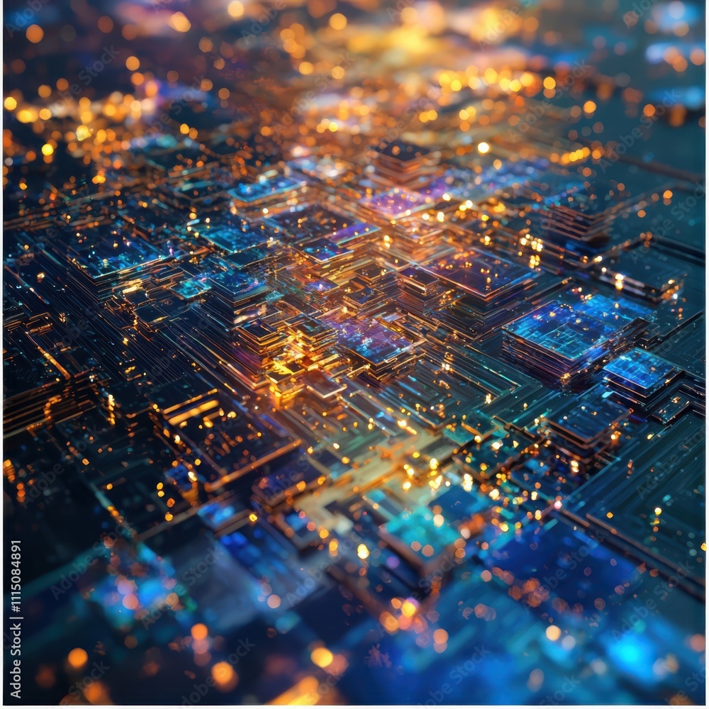 Poster visualizing quantum computing fractal data patterns in a luminescent digital landscape microscopic e