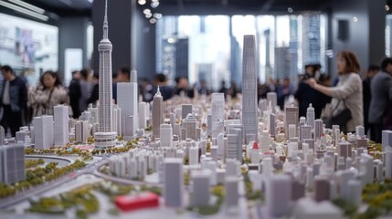 Obraz premium A detailed architectural model displays a bustling cityscape, featuring iconic skyscrapers and a crowd of visitors exploring the exhibit.
