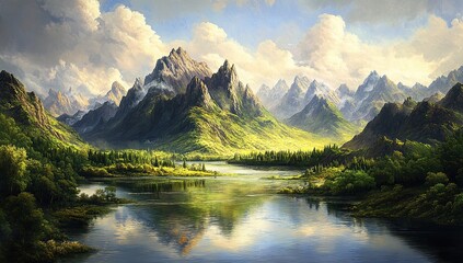 Majestic Mountains Reflecting in a Serene River: A Breathtaking Landscape of Nature's Beauty, Tranquility, and Serenity.