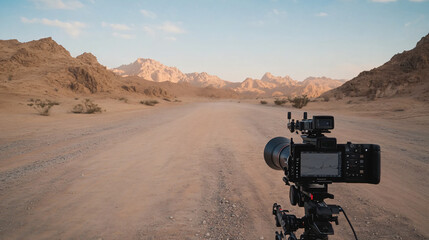 Desert landscape with video recording equipment capturing scenic views. camera is positioned on tripod, showcasing vast, arid terrain and distant mountains