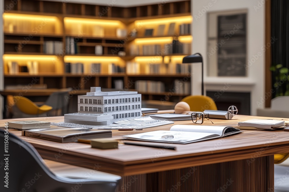 Poster architectural design workspace with model and blueprints