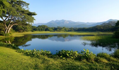 Serene lake reflecting mountains under a clear sky.