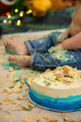 Baby boy,  celebrates his first birthday with a cake smash