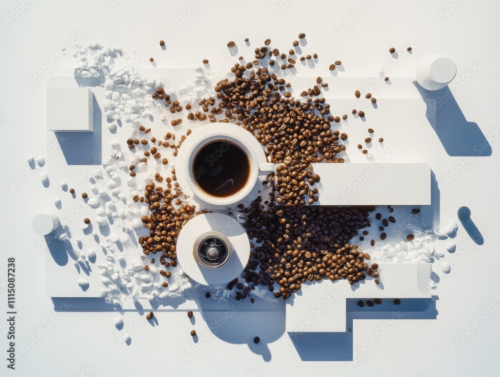 Poster deconstructed coffee topology grinder creating scattered bean composition on horizontal plane artist