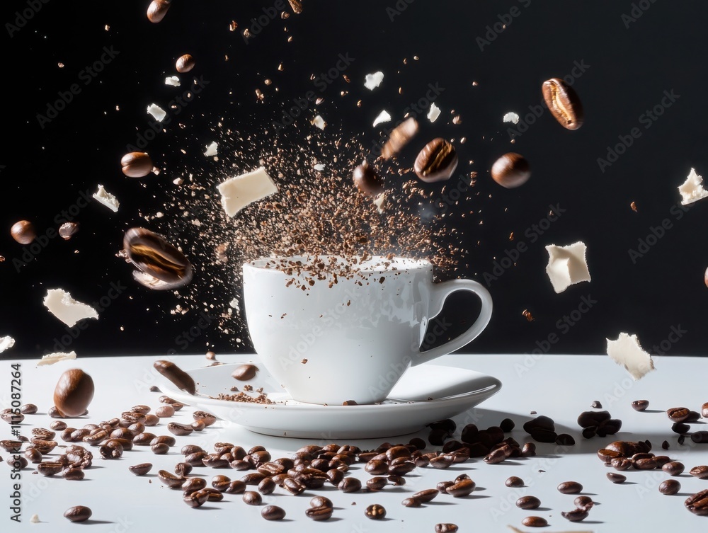 Poster deconstructed coffee topology grinder creating scattered point-based composition of beans and cup in