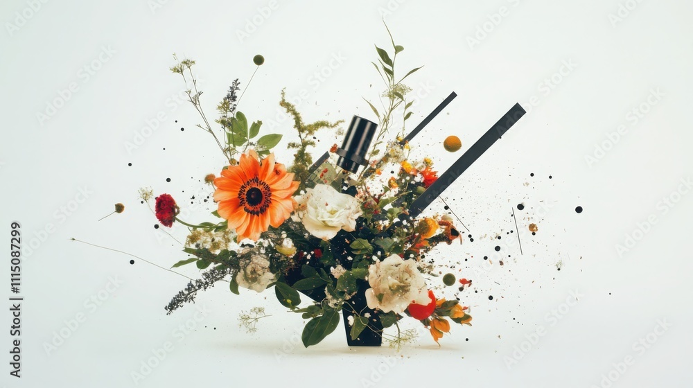 Poster creating directional lines with deconstructed botanical arrangement brushes flowers breaking geometr