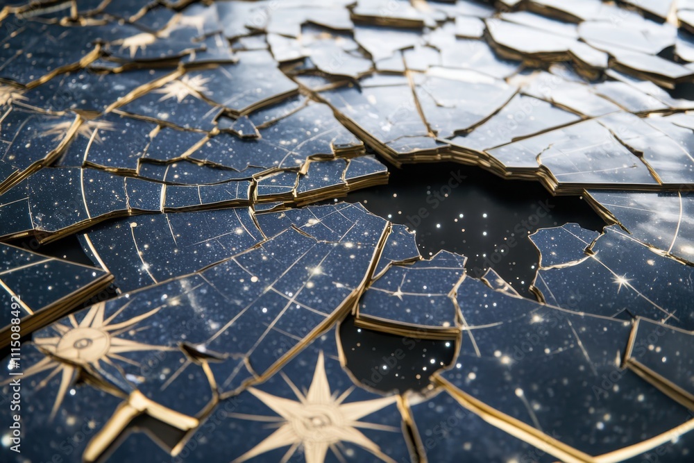 Poster celestial fragmentation star charts and telescope lens in cosmic spatial environment