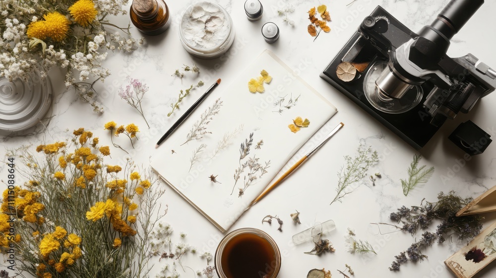 Poster creating botanical art sketchbook exploration in a serene studio with pressed flowers and microscopi