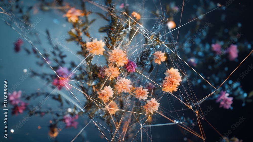 Poster creating directional botanical spatial network brushes in a microscope organic grid of flowers formi