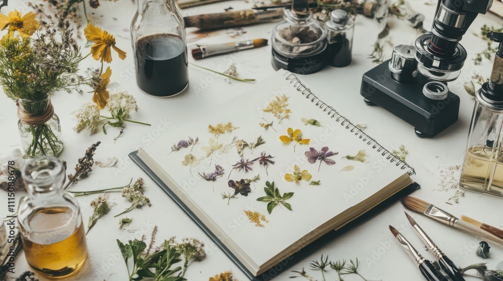 Poster creating botanical art sketchbook exploration delicate studio setting pressed flowers and microscope