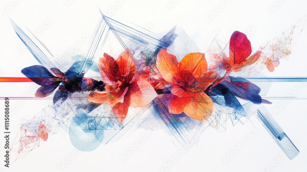 Poster creating directional lines of flowers in a botanical spatial network microscope view of organic grid