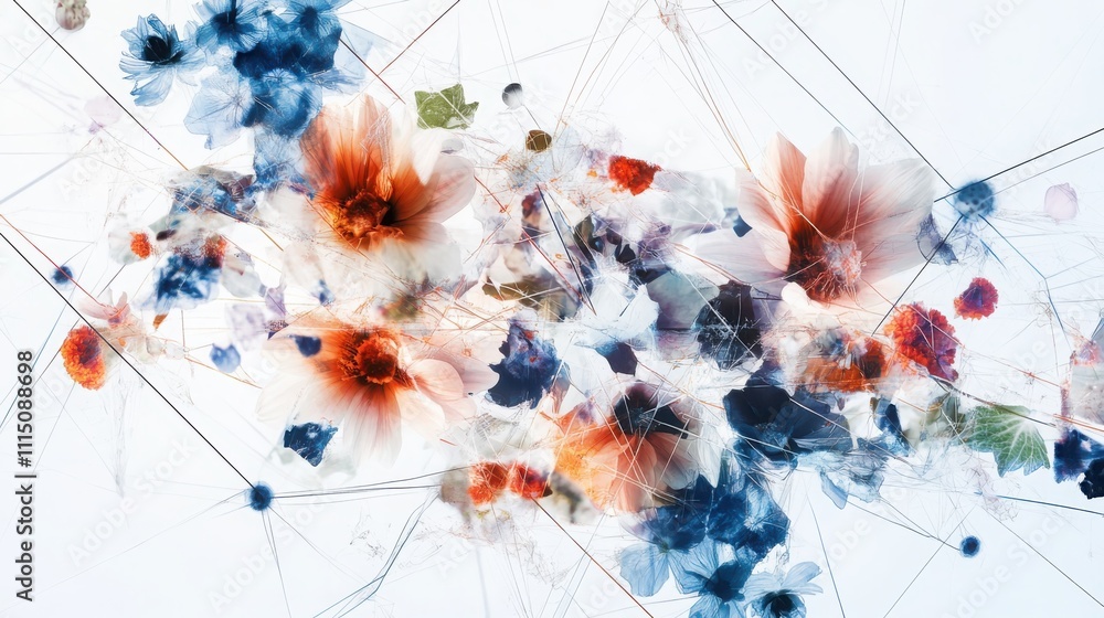 Poster creating botanical spatial network brushes directional lines of flowers forming an organic grid unde