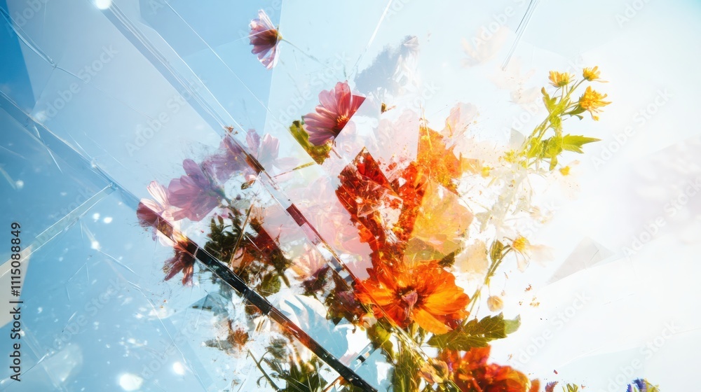 Poster exploring botanical deconstruction directional lines of flowers breaking geometric patterns under mi