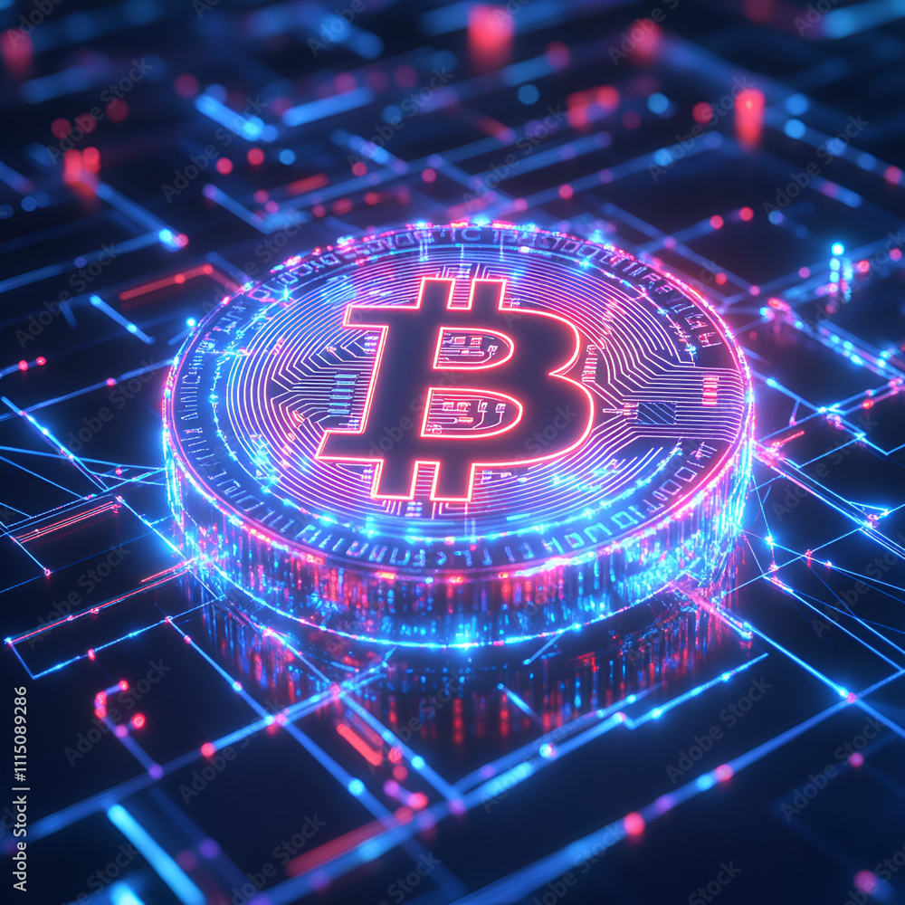 Poster dynamic bitcoin representation digital realm cryptocurrency art virtual environment futuristic persp