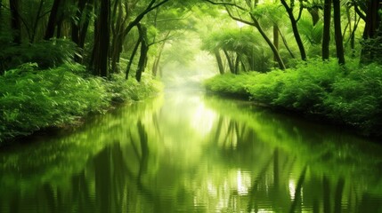 Obraz premium Lush green forest with a serene river reflecting the vibrant foliage.