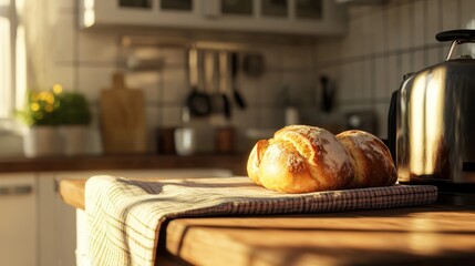 Obraz premium Cozy close-up of freshly baked bread on a clean kitchen counter in a bright culinary atmosphere