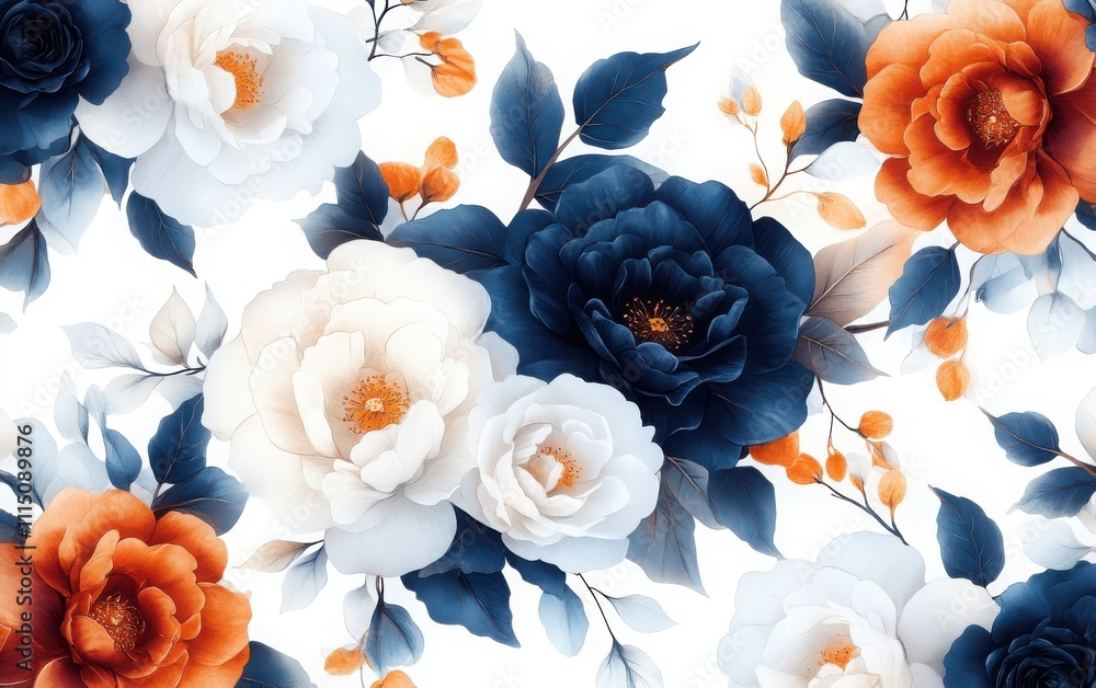 Poster dynamic intersecting arrangement of adorable puffy rose clusters and chubby leaf elements in botanic
