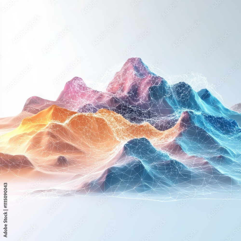 Poster visualizing abstract data flowing digital streams and interconnected nodes in a pastel gradient land