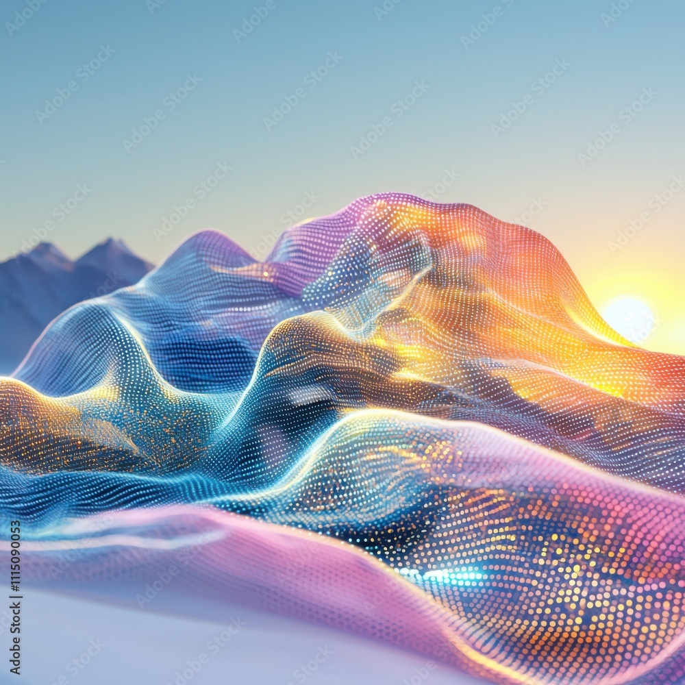Poster abstract landscape of flowing digital streams and nodes on pastel gradient for enhanced data insight
