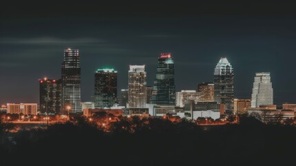 Obraz premium Nighttime city skyline showcasing illuminated buildings against a dark sky.