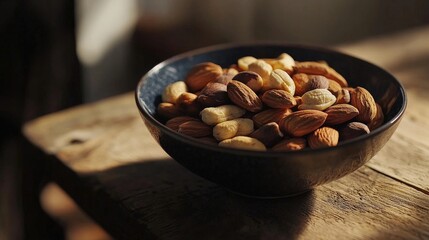Nutty delight fresh mixed nuts bowl on wooden table food photography natural lighting inviting presentation