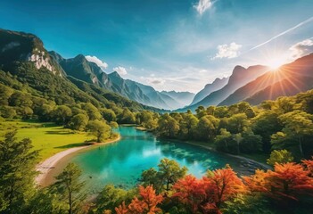 Naklejka premium Beautiful and Peaceful Nature Scenery Illustration Landscape Countryside Tranquil Vibrant and Colorful