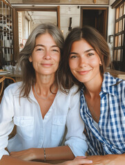 A photo of a mom and her daughter at a cafe indoors.